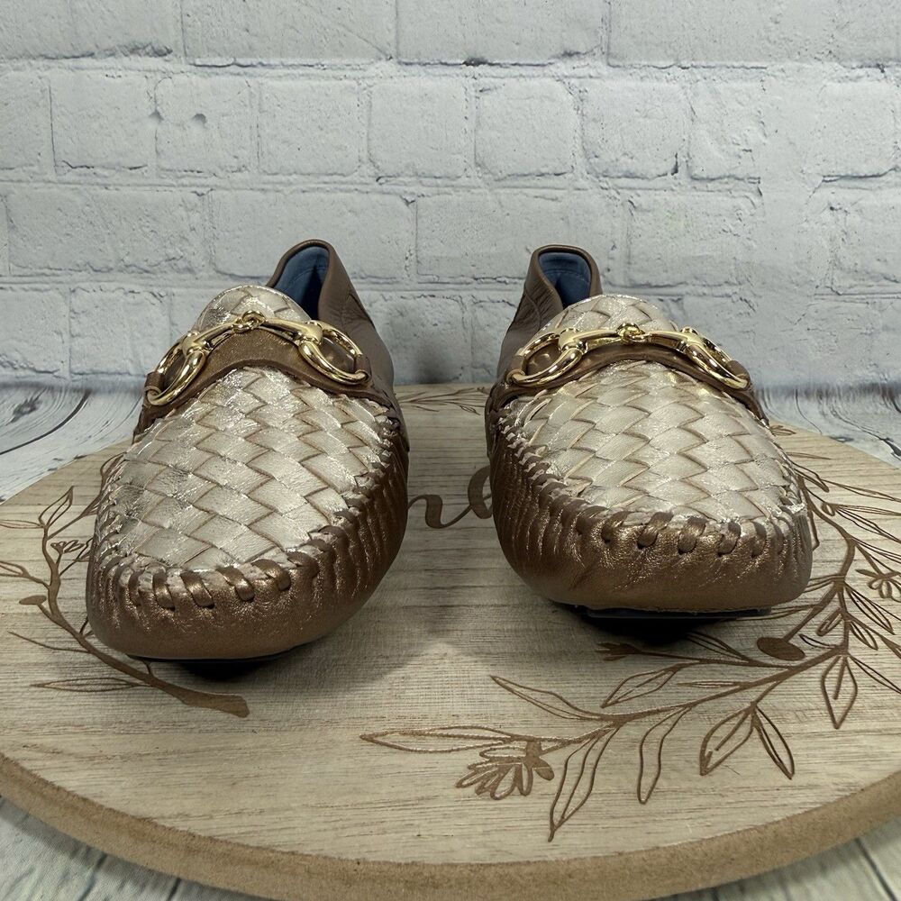 Robert Zur Womens 8.5 Metallic Bronze Gold Woven Leather Driving Loafers Flats - Picture 2 of 13